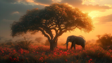 Elephant in the field, next to the tree, wildlife