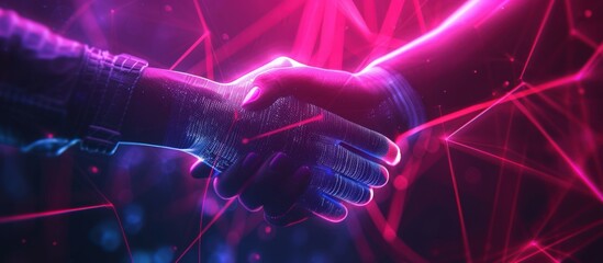 Illustration human handshake with digital futuristic style neon light effect background.Generated AI