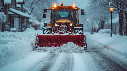 Snow plow cleaning snowy streets, road safety