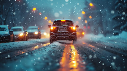 Car on impassable winter road, winter traffic, dangerous road