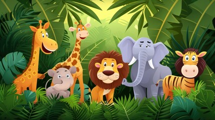 Group safari Jungle funny cartoon animals forest in cartoon style. Generated AI image