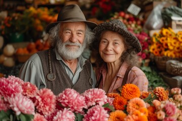 A couple embraces amidst a sea of vibrant flowers, showcasing their love for each other and the art of floristry at a bustling outdoor market