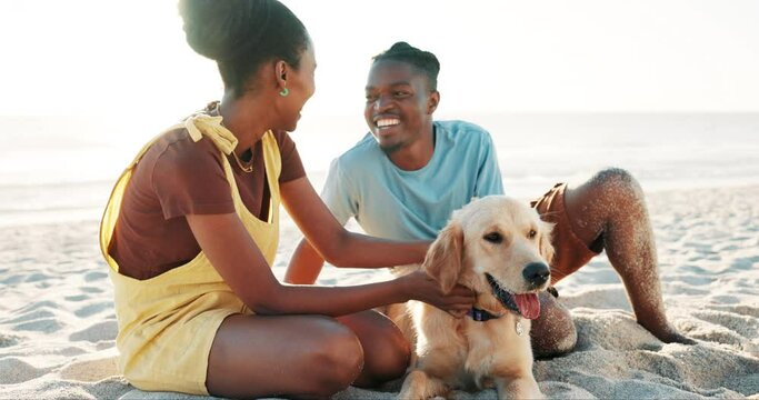 African couple, dog and beach for holiday, stroke and play with labrador for care, love or bonding on sand. People, man and black woman by sea, ocean or relax on summer sunshine for vacation in Kenya