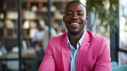 Fashion profile portrait of stylish african man with fashionable pink jacket on office background. Portrait of a handsome man in a pink jacket. Smiling black man stares at camera - obrazy, fototapety, plakaty