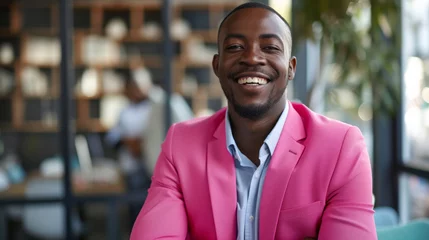 Fotobehang Fashion profile portrait of stylish african man with fashionable pink jacket on office background. Portrait of a handsome man in a pink jacket. Smiling black man stares at camera © Nataliia_Trushchenko