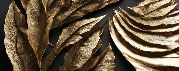 there are some gold leaves on a black background