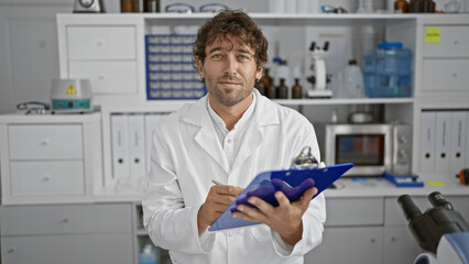 Attractive hispanic man with beard and green eyes, wearing lab coat, taking notes in a laboratory.