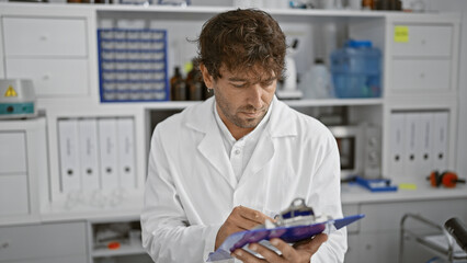 Handsome bearded man in lab coat writes on clipboard in a modern laboratory.