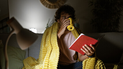 Handsome hispanic man with beard and curly hair at home holding a red notebook and a yellow mug, wrapped in a yellow blanket on a couch.