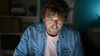 Fototapeta premium A focused man in a denim jacket working late in a modern office.