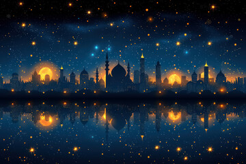 Fototapeta na wymiar starry night sky over ramadan cityscape with mosque silhouettes