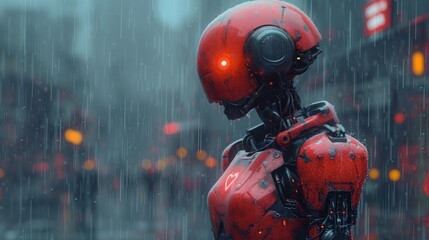 Czerwony robot stoi w deszczu na miejskiej ulicy. - obrazy, fototapety, plakaty