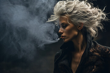 Portrait of a woman with a cigarette in clouds of tobacco smoke. Generated by artificial intelligence