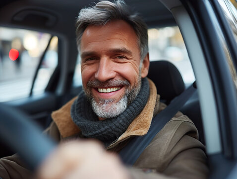 Smiling man behind the wheel of a car.