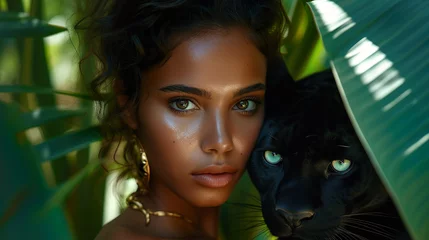 Foto op Plexiglas Beautiful tanned woman with a puma in a tropical forest. © Robert