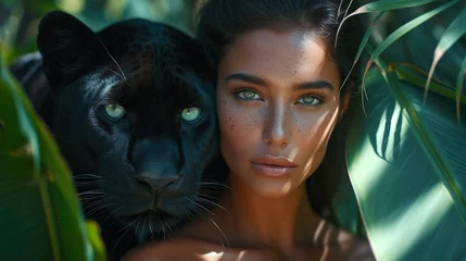 Outdoor kussens Beautiful tanned woman with a puma in a tropical forest. © Robert