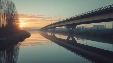 A viaduct bridge crossover a canal of highway A59 during sunrise