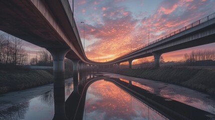 A viaduct bridge crossover a canal of highway A59 during sunrise - obrazy, fototapety, plakaty