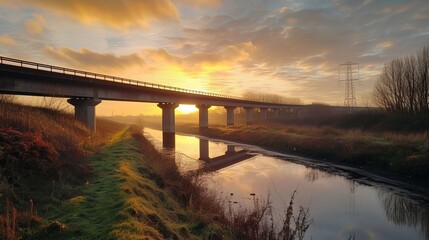 A viaduct bridge crossover a canal of highway A59 during sunrise - obrazy, fototapety, plakaty