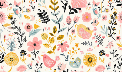 childlish whimsical floral and bird illustration pattern with pastel colors for charming textile design