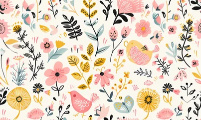 Fototapeten childlish whimsical floral and bird illustration pattern with pastel colors for charming textile design © Klay