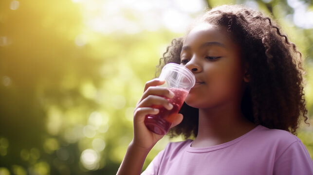 African American 12 Years Old Girl Enjoying A Cold Drink From A Tumbler On Hot Summer's Day Outdoors