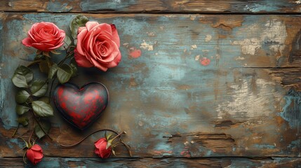 Obraz przedstawiający dwie róże i czarne serce, nawiązujący do tematyki walentynkowej, kochania oraz romansu. - obrazy, fototapety, plakaty