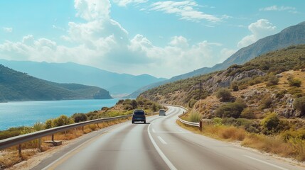 car driving on the road . road landscape in summer. it's nice to drive on the beach side highway. Highway view on the coast on the way to summer vacation. Turkey trip on beautiful travel road 