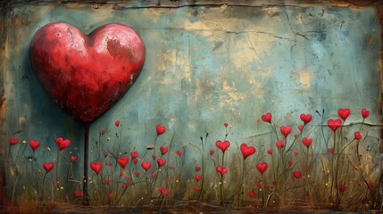 Obraz przedstawia pole czerwonych serc na niebieskim tle. Na teksturze ściany retro. - obrazy, fototapety, plakaty