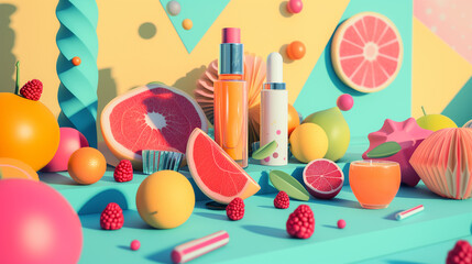 colorful cosmetic products arranged around a table , pop art