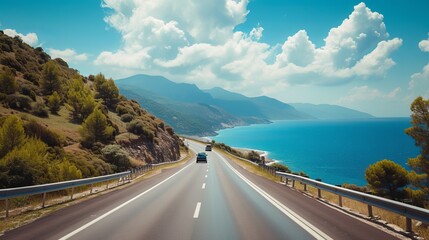car driving on the road. road landscape in summer. it's nice to drive on the beach side highway. Highway view on the coast on the way to summer vacation. Turkey trip on beautiful travel road  - obrazy, fototapety, plakaty