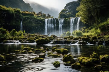 Waterfall cascading down a lush green hill, surrounded by vibrant foliage and rocks