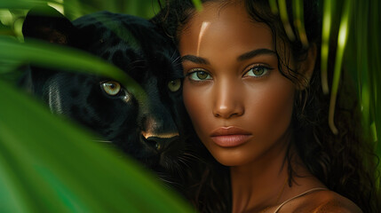 Beautiful tanned woman with a puma in a tropical forest. - obrazy, fototapety, plakaty