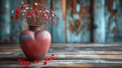 Na zdjęciu przedstawiony jest wazon w kształcie serca z kwiatuszkami. - obrazy, fototapety, plakaty