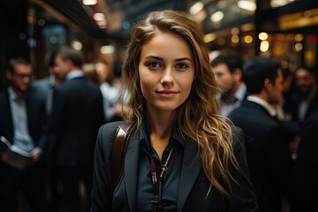 Corporate girl walking purposefully in a bustling, blurry city street during office hours