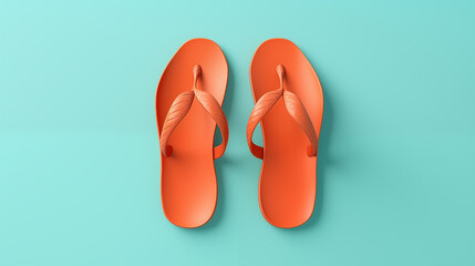 illustration of orange flip flop flat lay studio shot on pale turquoise background