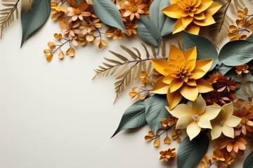 Summer leaves background with a variety of foliage in warm tones with text space