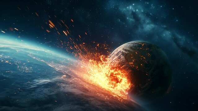 A rock crashing into the earth seen from space. A rock crashing into planet earth. Disaster from space. Last day of earth. Generative AI