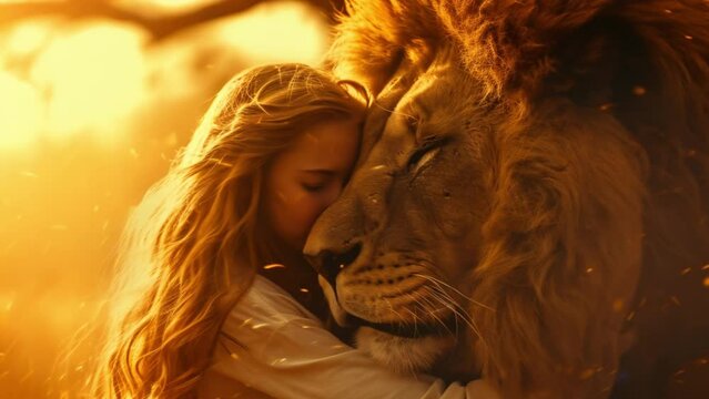 young girl hugging a big lion. love for animals. harmony with nature and its inhabitants. protection of animals. Generative AI