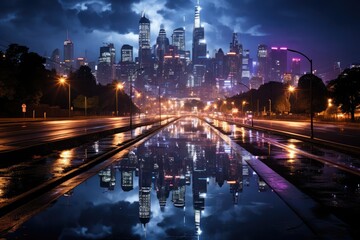 Fototapeta na wymiar Dynamic cityscape at night neon lights reflecting off rain-soaked streets