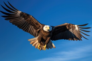 Eagle soaring through a clear blue sky and wings fully extended