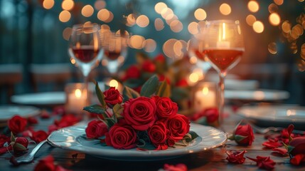 Na stole weselnym, ślubnym stoi biały talerz pokryty czerwonymi różami, w tle kieliszki wina i świece