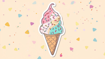 sticker of a cute ice cream in a cone against cream background