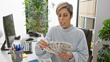 Young hispanic woman examines egyptian pounds in an office setting, surrounded by indoor plants and computer equipment.