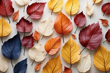 Vibrant autumn leaves set in white background, autumn leaves display unique spectrum