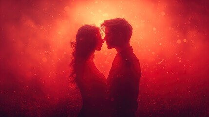 Mężczyzna i kobieta stojący romantyczne w gęstej czerwieni miłości, wyrażający tematykę walentynkową, kochania oraz romansu. - obrazy, fototapety, plakaty