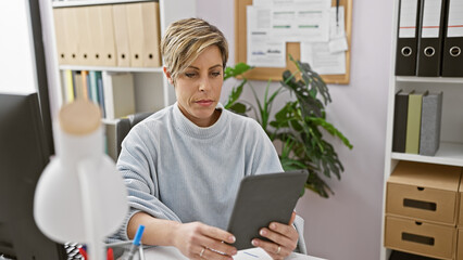 Focused hispanic woman with short blonde hair using a tablet in a modern office setting.