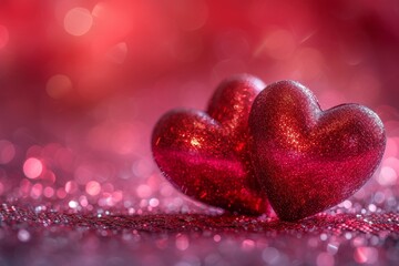 Obraz premium A passionate love blooms on valentine's day as two magenta hearts entwine against a bold red backdrop, illuminated by the soft glow of light