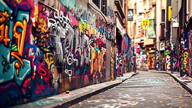 a street with walls painted with colorful graphite. street art in the modern city. Generative AI