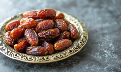 Obraz premium golden plate piled with ripe dates against blurred mosque background
